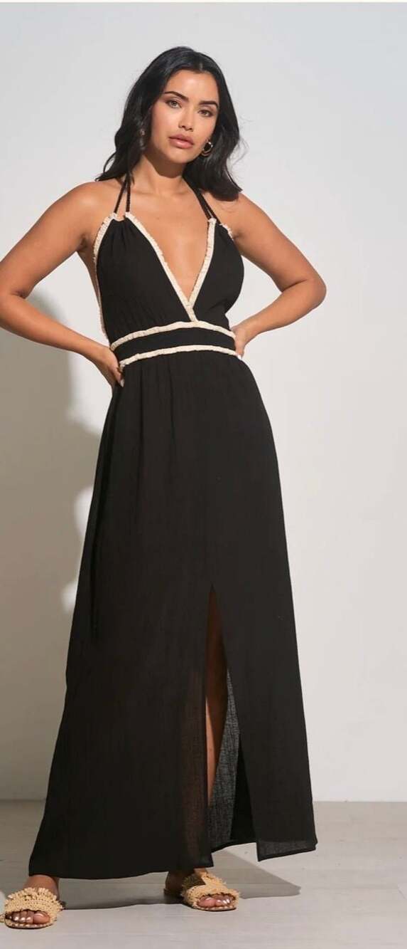 Elan Jayde Halter Maxi Dress in Black and Cream